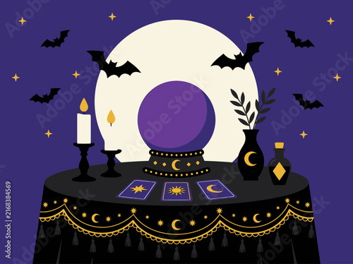 Cuadro en lienzo Fortune teller table with crystal ball, tarot cards, and full moon illustration