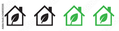 Eco Friendly House with Leaf Symbol, Sustainable Home and Green Living Icon Set Vector
