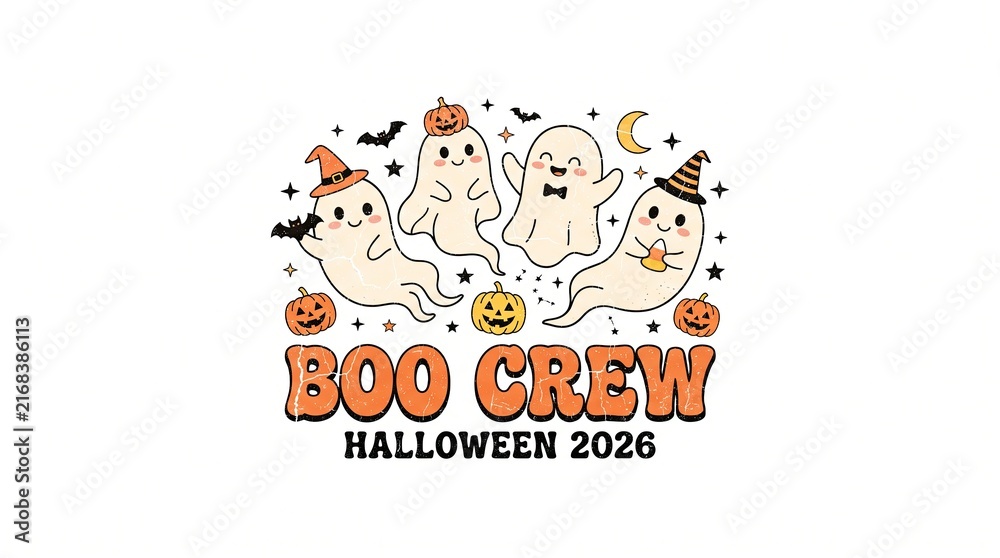 Fototapeta premium Boo Crew Halloween vintage vector design featuring cute friendly ghosts floating together with pumpkins and autumn leaves