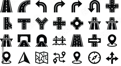 Set of hand drawn road map navigation and location icons with sketch style on white background