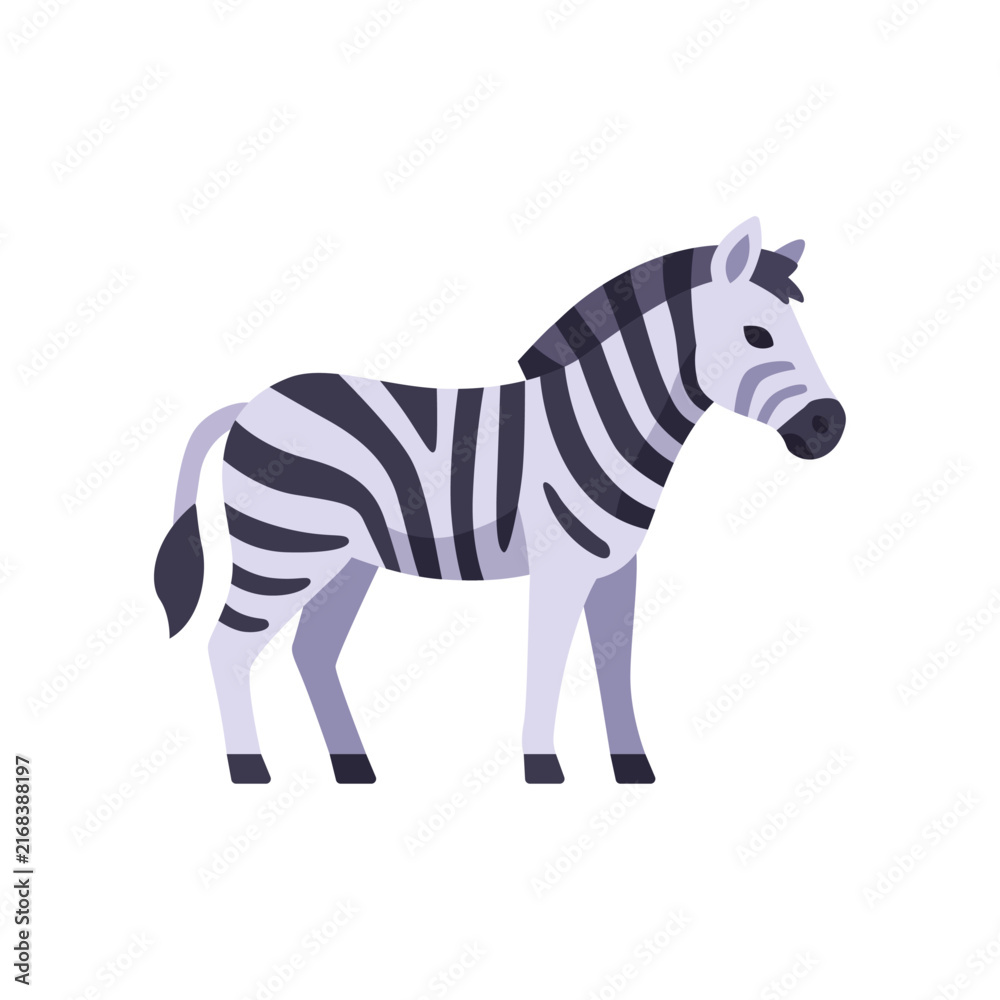 Naklejka premium Zebra icon with striped coat and upright stance, flat illustration