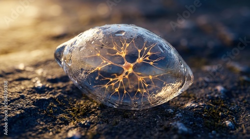 Glowing golden neuron inside melting ice drop on ground at sunset, neuroscience and memory preservation concept
