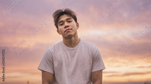 young man stands alone with his arms down exuding sense of contemplation against clean solid background