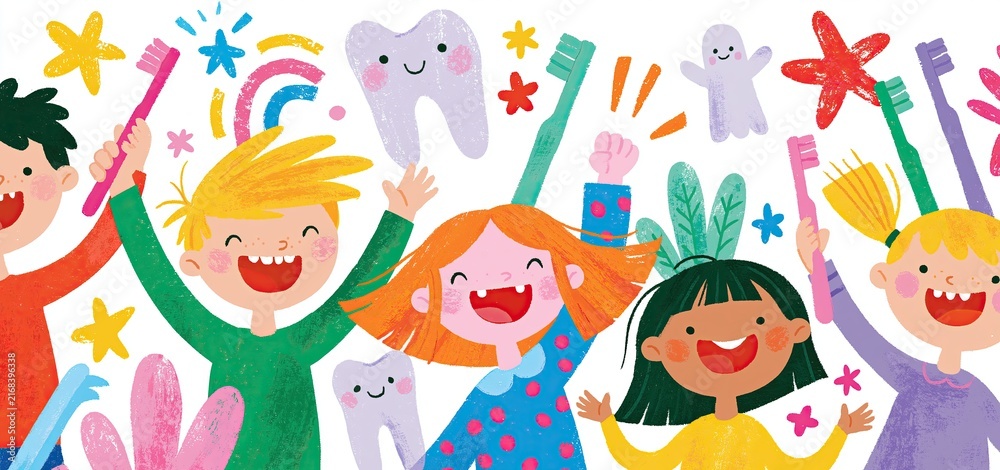 Fototapeta premium A vibrant kids' dental care poster for February showcasing happy children, toothbrushes, and engaging graphics promoting healthy smiles.