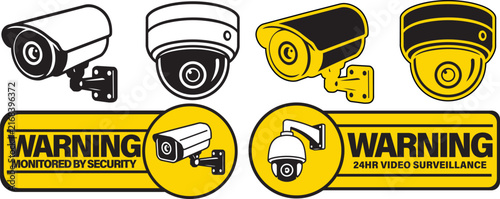 CCTV Security Camera and Video Surveillance Warning Sign Icon Collection Vector Set
