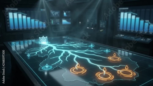 Water Resources Monitoring Center with River Basin Map Hydro Crisis Concept