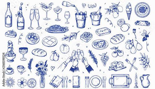La dolce vita italian sicily style. Hand drawn ink line food and wine or champagne drawings. Sketch style lunch or dinner Illustrations for wedding invitations, cafe or restaurant menus and parties