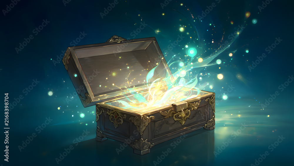 Naklejka premium 魔法の光が溢れるギフトボックス、輝く幻想的な質感、キャンペーン告知向け