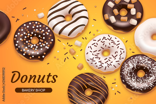 Banner for bakery shop with white and black chocolate donuts sprinkles sugar glaze, marshmallows and chopped nuts. Fast food isolated on the orange background. Realistic style. 