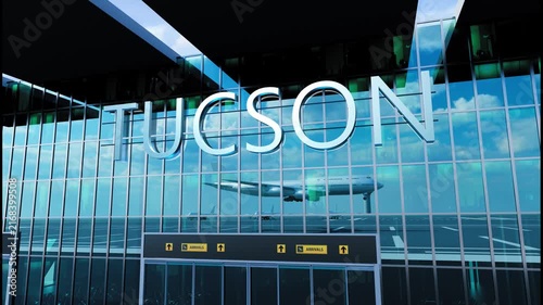 Airlane landing at Tucson, USA. Arrival in the city with reflection of airport and aircraft
