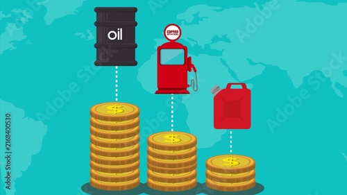 A gas can, a barrel of gasoline, and a gas pump against a backdrop of a world map and gold coins. A cartoon-style animation in a flat vector art style about fuel and the economy