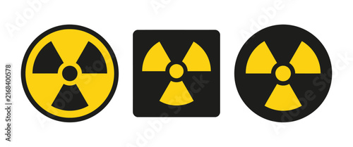 Foto Radioactive danger symbol vector pack including circular yellow warning badges and black nuclear hazard icons for radiation, laboratory, science and security concepts