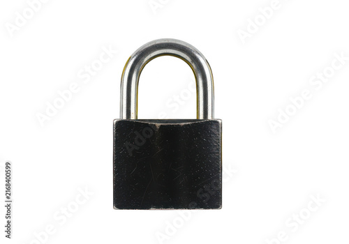 Metallic padlock with a curved shackle rests on transparent background