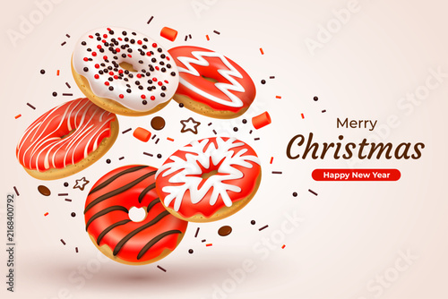 Christmas banner for bakery shop with red chocolate donuts sprinkles sugar glaze, marshmallows and chopped nuts. Fast food isolated on the orange background. Realistic style. 