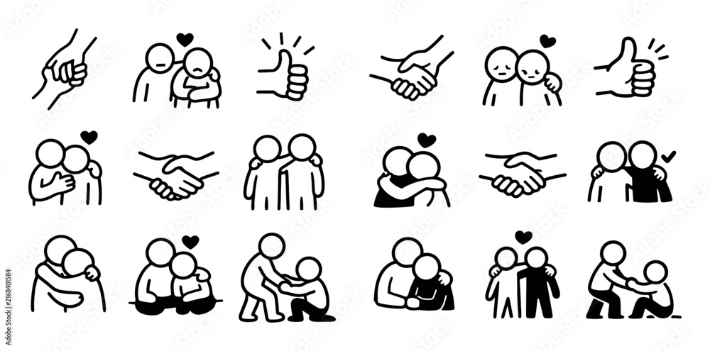 Fototapeta premium Friendship and support icon set with helping hand emotional support and caring action for presentation design in hand-drawn illustration style
