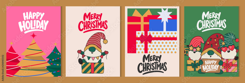 Fototapeta premium Christmas Card Collection with gnome and Holiday Ornaments, Xmas templates for greeting cards, posters, social media, seasonal branding, children's products. Playful Christmas hand-drawn style.