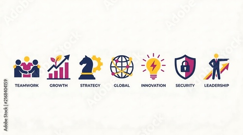 Business strategy icons showing teamwork, growth, innovation, and leadership concepts