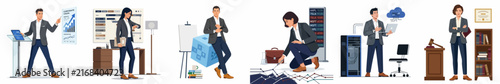 Collection of diverse professionals working in various fields like business, design, technology, and law, depicted in a modern flat vector illustration style.