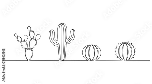 Set of various desert cactus plants line art vector illustration with desert flora prickly pear plant set