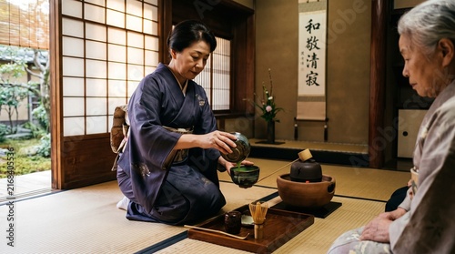 Traditional Japanese tea ceremony in a tatami room 1.