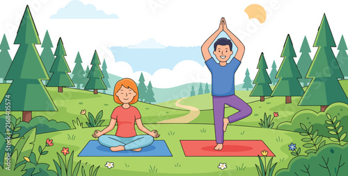 Couple Practicing Yoga in Forest Outdoor Meditation and Healthy Lifestyle Vector