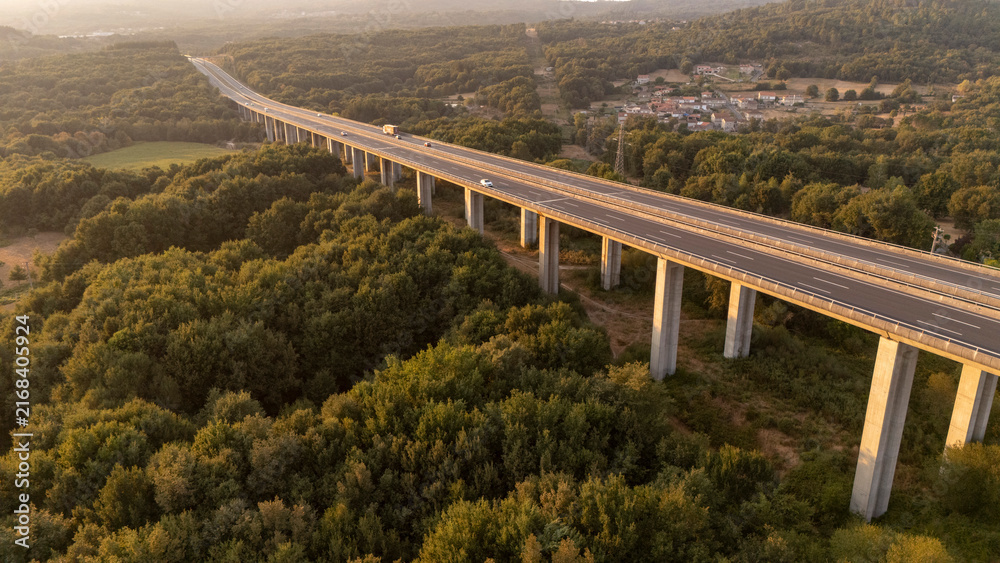 Fototapeta premium Highway viaduct spanning over forest in Ourense, Galicia