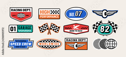 Vintage motorsport badge set with racing department emblems, checkered flags, speed graphics, racing numbers, wings, garage and performance designs for apparel, branding and print.