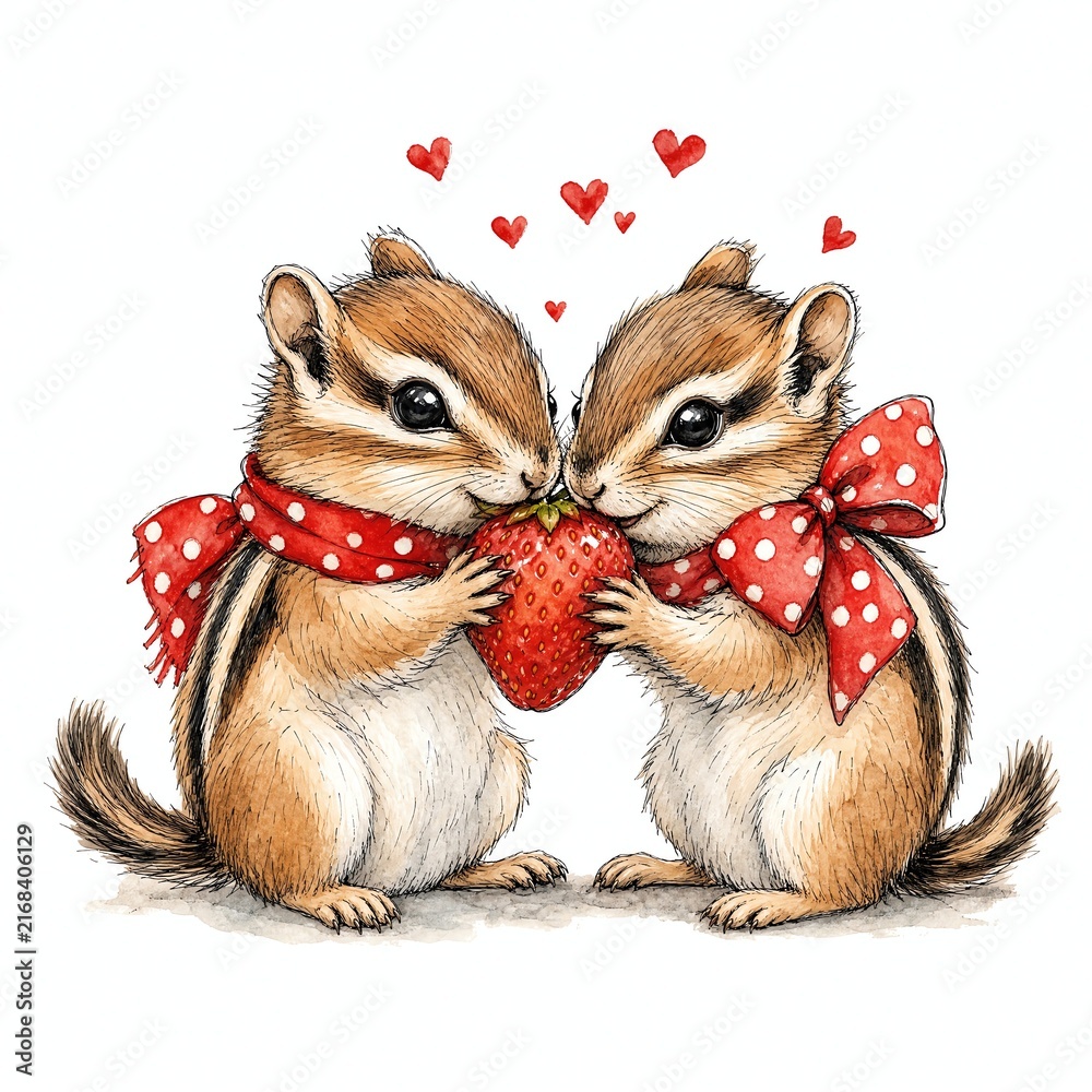 Fototapeta premium Chipmunk Pair Sharing A Strawberry Valentine Illustration