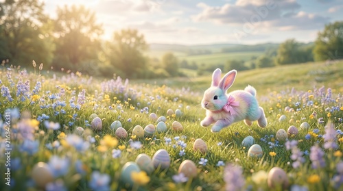 Pastel Easter Bunny Collection, Playful Bunny in Spring Meadow with Colorful Eggs