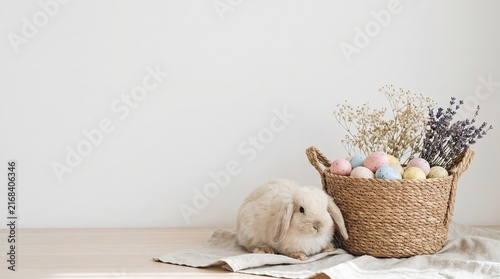 Pastel Easter Bunny Collection, Cute Bunny with Easter Eggs in a Wicker Basket