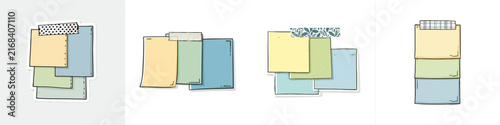 A vibrant, hand-drawn sticker features three pastel-colored rectangular sticky notes attached with a patterned washi tape, isolated on a white background in a clean doodle style
