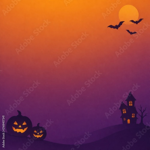 Halloween background with glowing pumpkins haunted house bats moon and large copy space