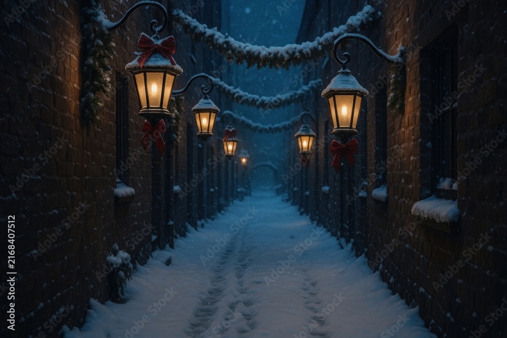 Fototapeta premium Cozy winter alley lanterns glow.