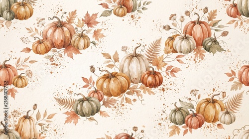 Watercolor seamless pattern with pumpkins and autumn leaves