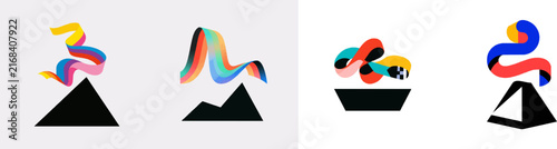 A trendy minimalist flat vector icon features a classic Memphis setup with a wavy ribbon floating above a solid black trapezoid, vibrant colors, modern UI style, isolated on a pure white background