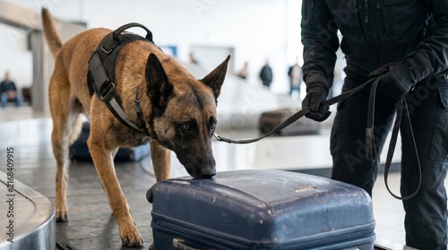 Police dog sniffing suitcase at airport baggage claim. Handler with drug detection K9 inspecting luggage for contraband. Airport security, customs control and narcotics search concept