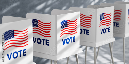 American Voting, Election, Democracy, Polling And Civic Participation Concept. Multiple Vote Booths With USA Flags In Gray Interior. 3D Rendering
