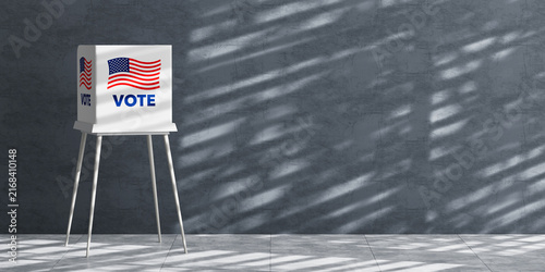 American Voting, Election, Democracy, Polling And Civic Participation Concept. White Vote Booth With USA Flag On Gray Background. 3D Rendering
