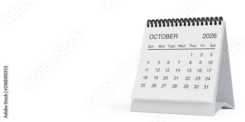 White Desk Monthly October 2026 Business Calendar. 3d Rendering