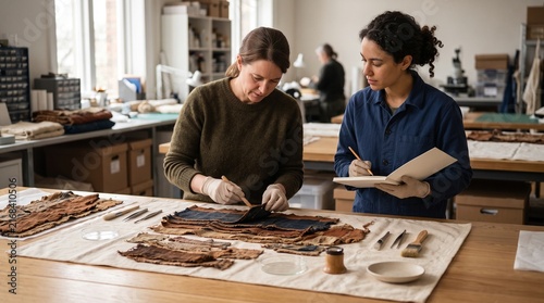 Conservators assess ancient Mongolian textile fragments in daylight