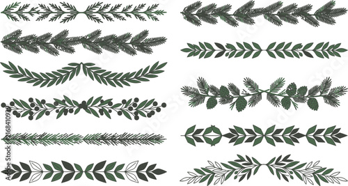 Botanical Vector Borders with Pine and Leaf Elements for Festive Design