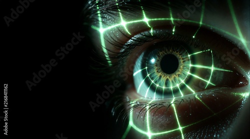 Close-up of a human eye with glowing green digital grid lines representing artificial intelligence and cybernetic technology.