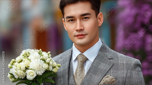 Stylish Young Man in Suit Holding Flowers