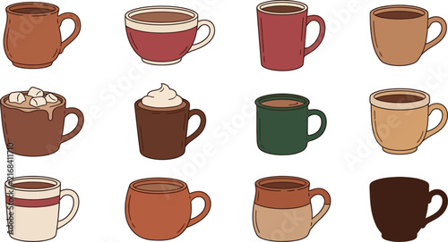 Collection of hand-drawn coffee mugs in various styles and colors on a white background vector illustration