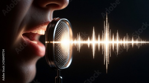 Close up of a woman speaking into a professional microphone with glowing digital audio waveform visualization.