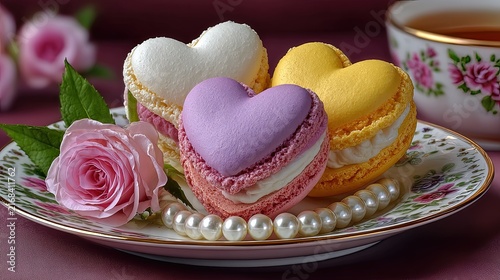 Elegant Flat Lay of Heart-Shaped Macarons and Roses