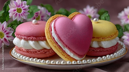 Elegant Flat Lay of Pastel Macarons and Flowers
