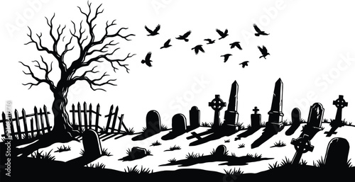 Spooky graveyard scene with flying birds and bare tree