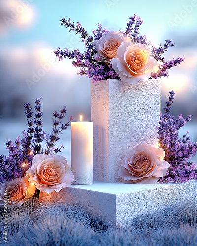 Elegant Floral Arrangement on Podium with Candle