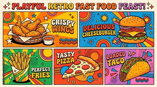 Pop art vector style fast food illustration pattern with delicious junk food: burger, fries, pizza, hot dog, crispy chicken, and double cheese.